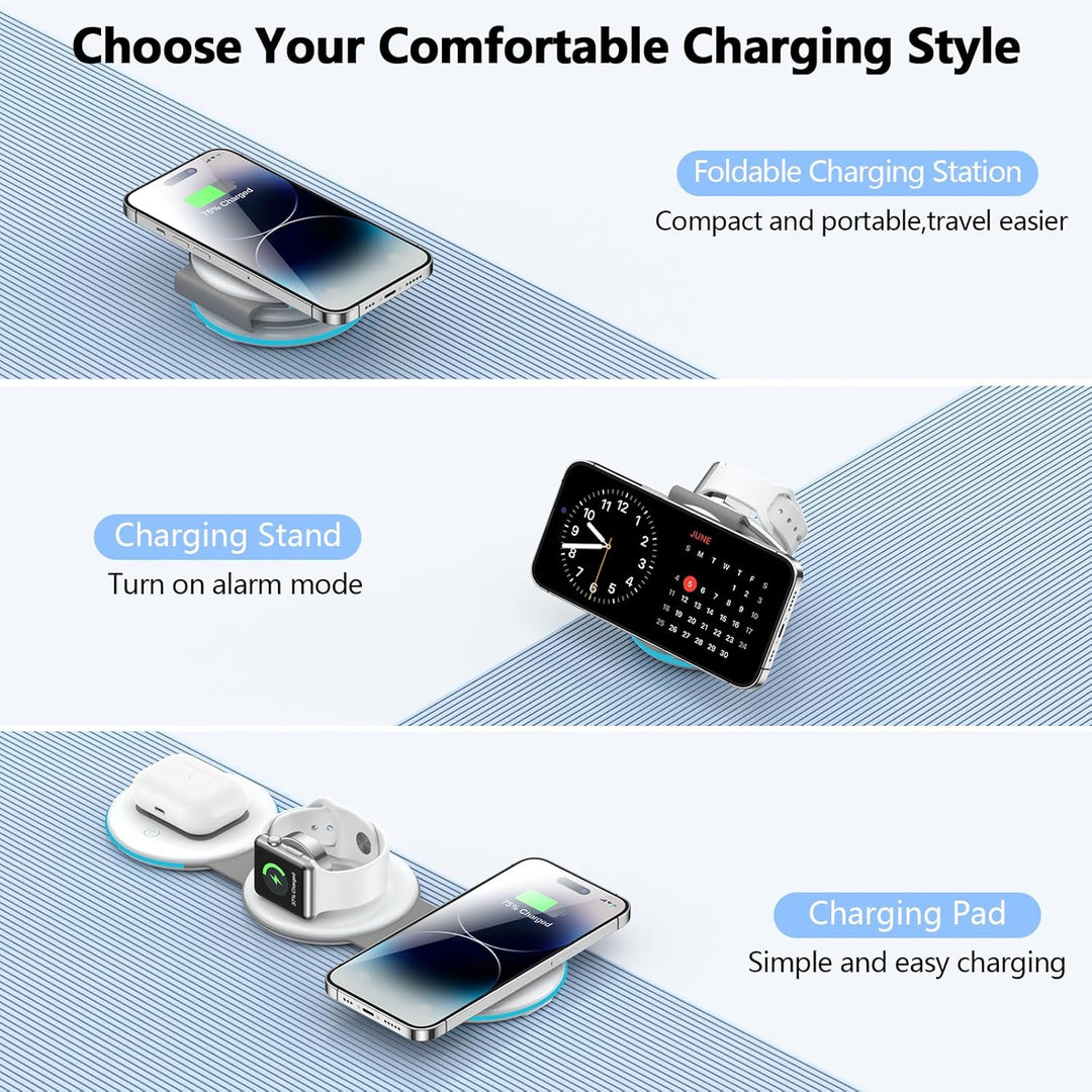 3 in 1 Faltbar Induktive Ladestation,Magsafe Kabelloses Ladegerät für Apple Watch und iPhone 16/15/1
