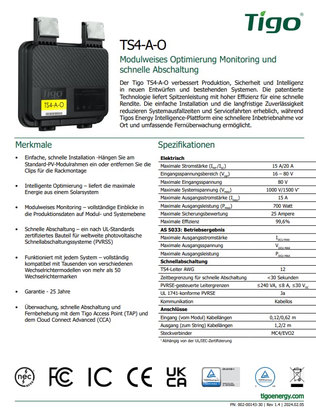 Tigo-Energy TS4-A-O Yellow PV-Optimierer 700W 15A EVO2 (0% MwSt. nach §12 Abs. 3 UStG)