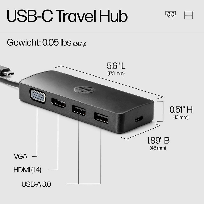 HP 235N8AA USB-C Reisehub G2 (USB Hub, USB C hub, 4 Ports, 2x USB-A, HDMI, VGA) schwarz