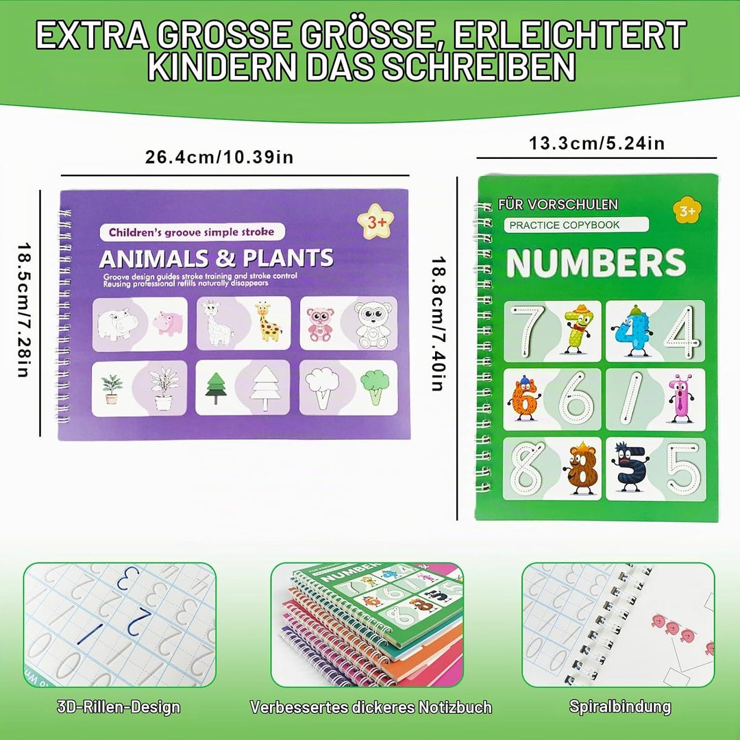 6er-Pack magische Schreibübungshefte mit Rillen, Set mit 6 Heften, 20 Minen, 3 Stifts, wiederverwend