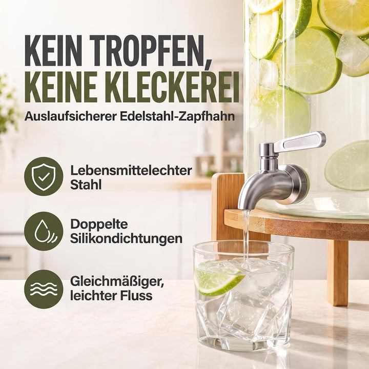 Premium Getränkespender mit Zapfhahn aus Edelstahl &amp; Bambus-Ständer – 8L Wasserspender Glas für eisk