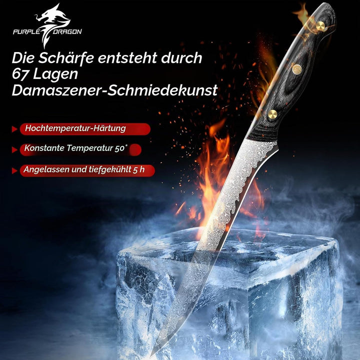 Purple Dragon Damast Ausbeinmesser 20cm - Messer zum Entfetten von Brisket - Metzgerkernmesser mit V