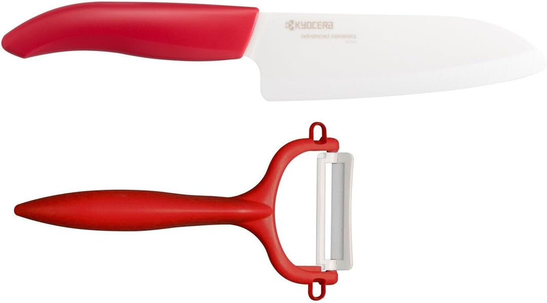 Kyocera GEN RED Cut & Peel Set Keramik Santoku Messer mit Schäler | Klinge 14 cm | ergonomischer Gri