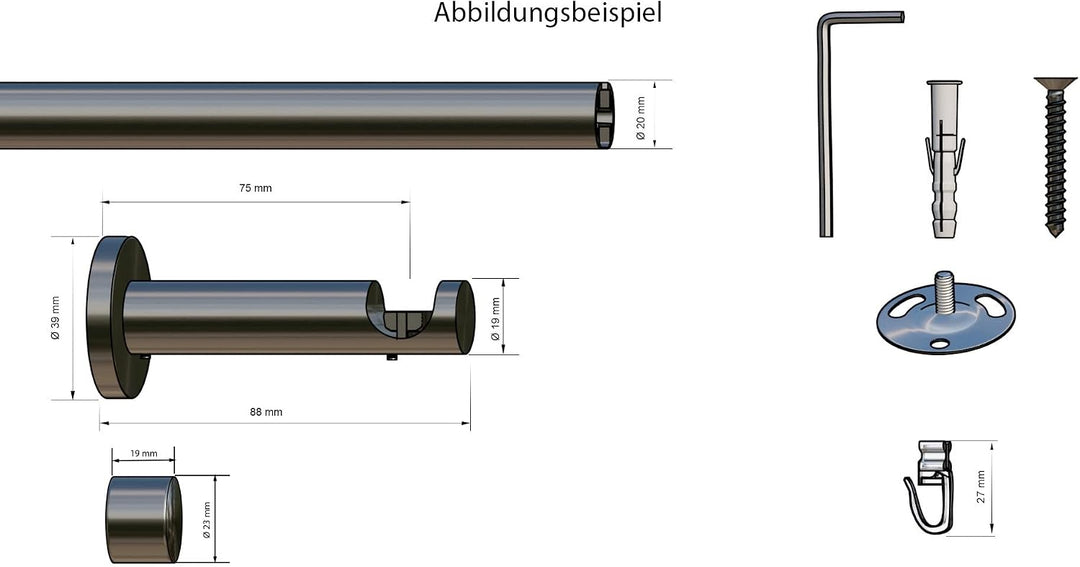 Tilldekor Innenlauf Gardinenstange HIGH-LINE ANDRAX, 1-Lauf, braun-antik, Ø 20 mm, 240 cm, inkl. Trä