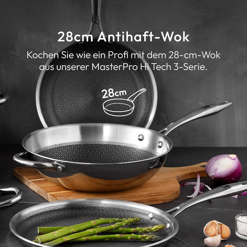 MasterPRO Hi-Tech 3 Wok 28 cm Stainless Steel with Honeycomb Structure Triple Coating Kitchen Utensi