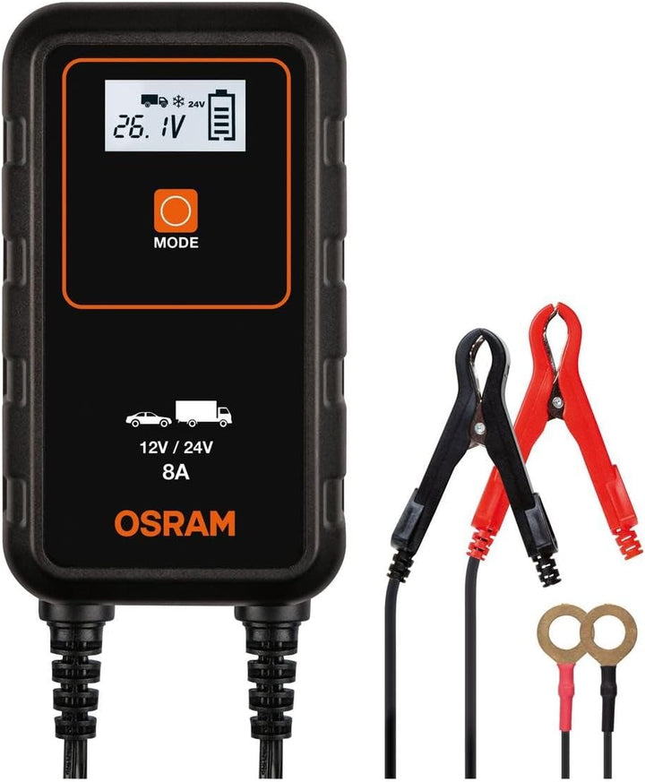 OSRAM BATTERYcharge 908, KFZ-Batteriewartungsgerät 12V & 24V, mobiles KFZ Batterieladegerät für PKW,