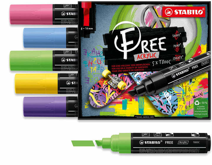 Acrylmarker - STABILO FREE Acrylic - T800C Keilspitze 4-10mm - Seaside - 5er Pack - mit 5 verschiede