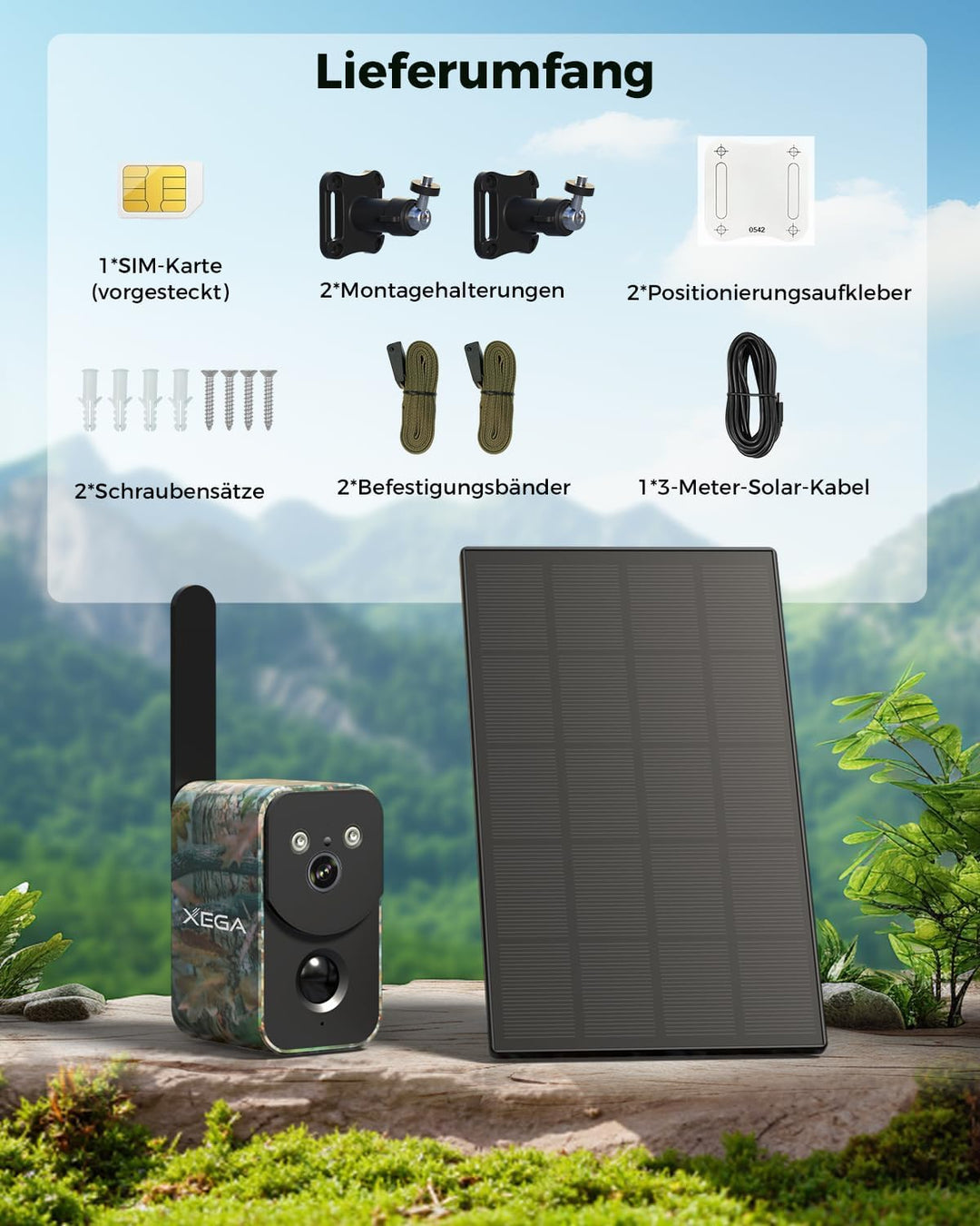 Xega 4G LTE Solar Überwachungskamera mit SIM-Karte,10000mAh Akku,OHNE WLAN | Kabellos Kamera Überwac