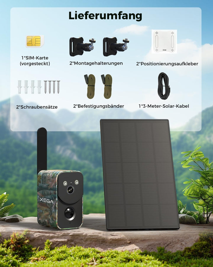 Xega 4G LTE Solar Überwachungskamera mit SIM-Karte,10000mAh Akku,OHNE WLAN | Kabellos Kamera Überwac