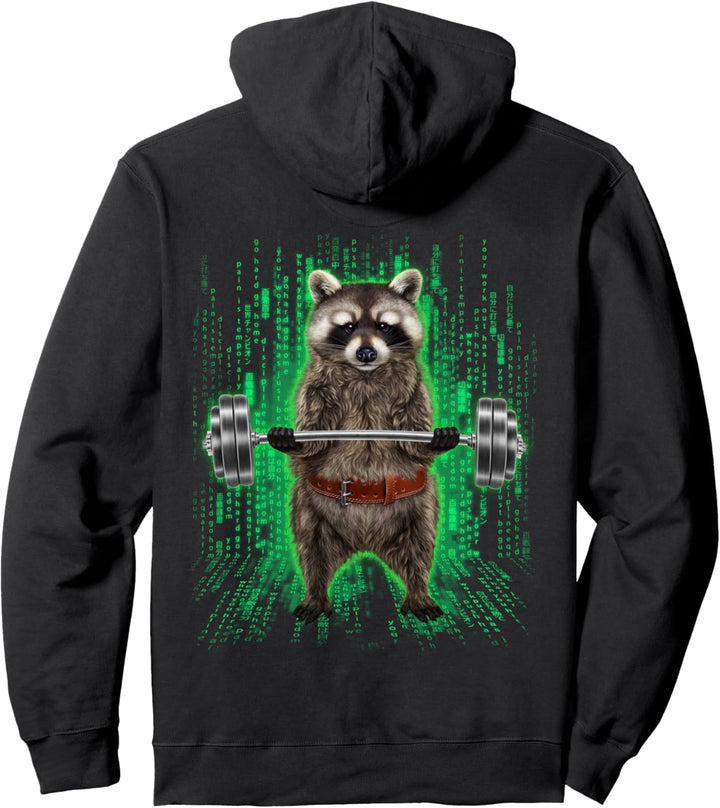 Waschbär, der Gewichte im Cyber-Fitnessstudio hebt Pullover Hoodie
