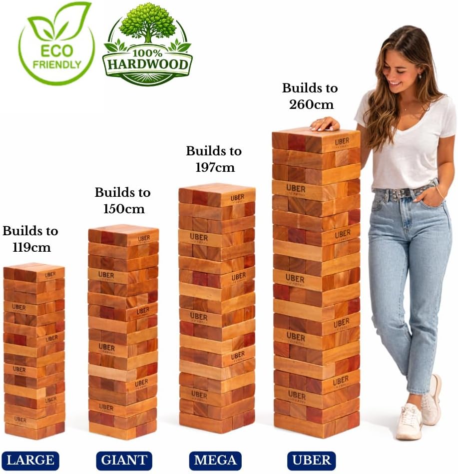 Ubergames Riesen Wackelturm XXL Spiel - 22kg bis 150 cm Gross - India ökologisch Hartholz - Handgefe