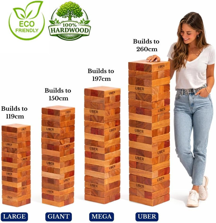 Ubergames Riesen Wackelturm XXL Spiel - 22kg bis 150 cm Gross - India ökologisch Hartholz - Handgefe