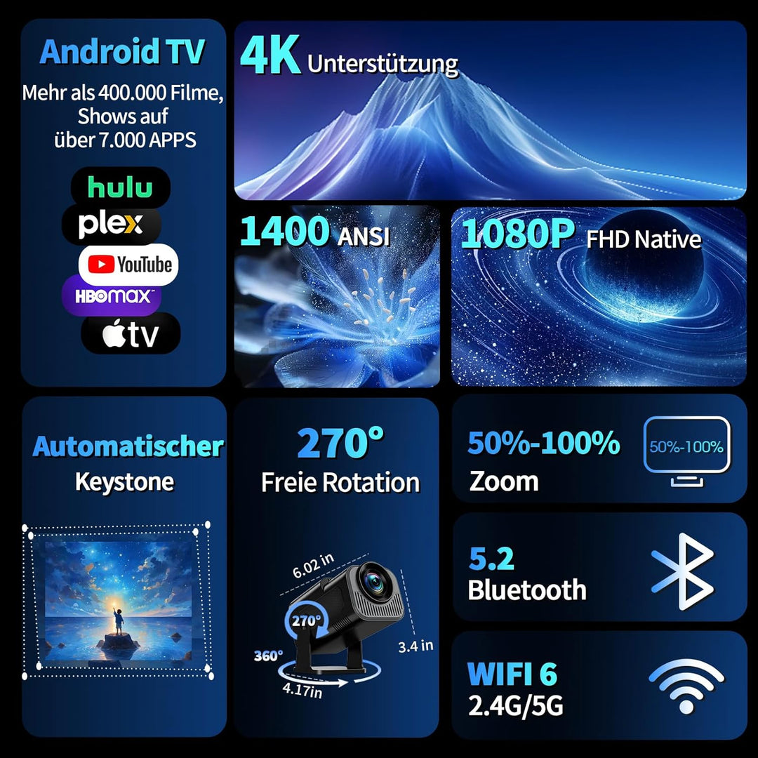 Mini Beamer 4K Full HD 1080P [2026 Modell] Projektor Tragbarer mit WiFi 6 und Bluetooth 5.2 & 270° D