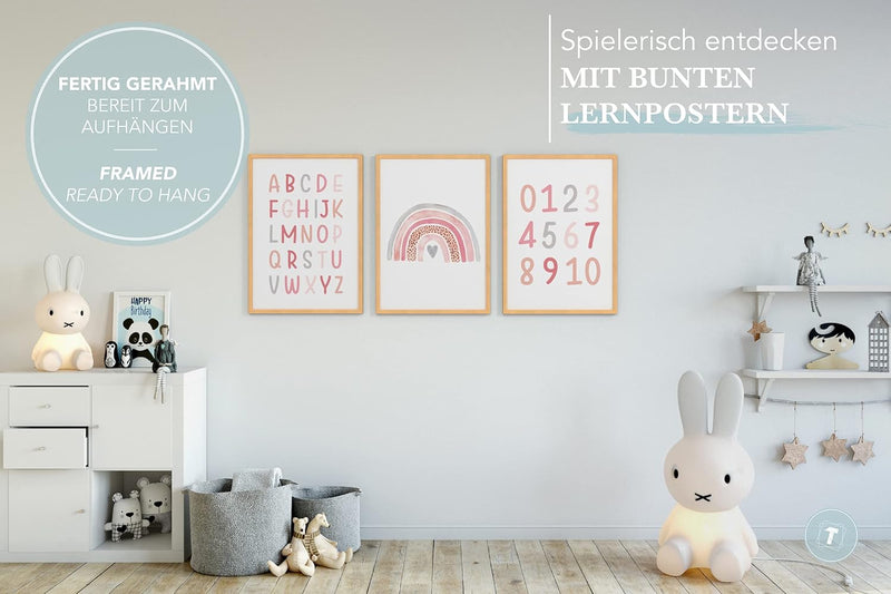 Papierschmiede® Kinderbilder 3er Set Lernposter, A3 gerahmt in Holzrahmen (Natur), Geschenk für Mädc