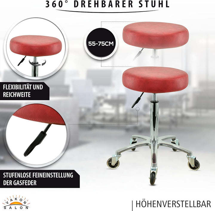 Premium Rollhocker Rot höhenverstellbar von 55 bis 75 cm - Rundsitz- Drehhocker Arbeitshocker Praxis