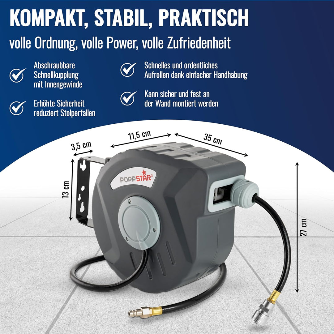 Poppstar Druckluftschlauchtrommel (Schlauch: 10m + 1m, Innendurchmesser 5/16"(8x12mm), 3/8"BSPT), Sc