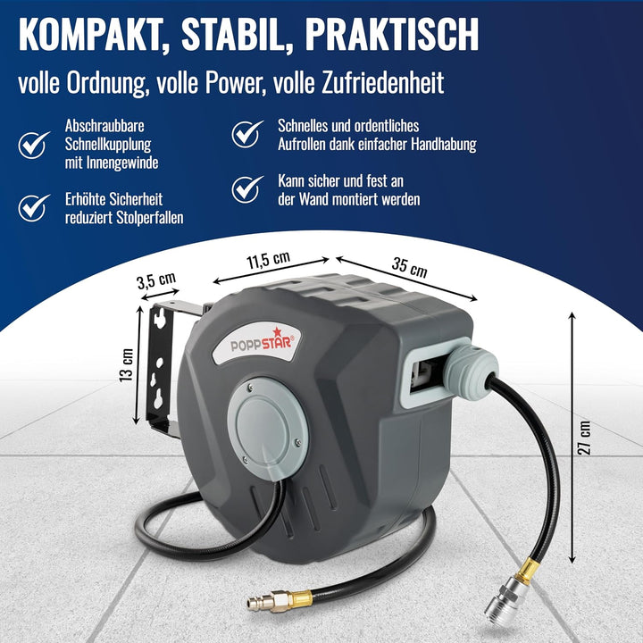Poppstar Druckluftschlauchtrommel (Schlauch: 10m + 1m, Innendurchmesser 5/16"(8x12mm), 3/8"BSPT), Sc