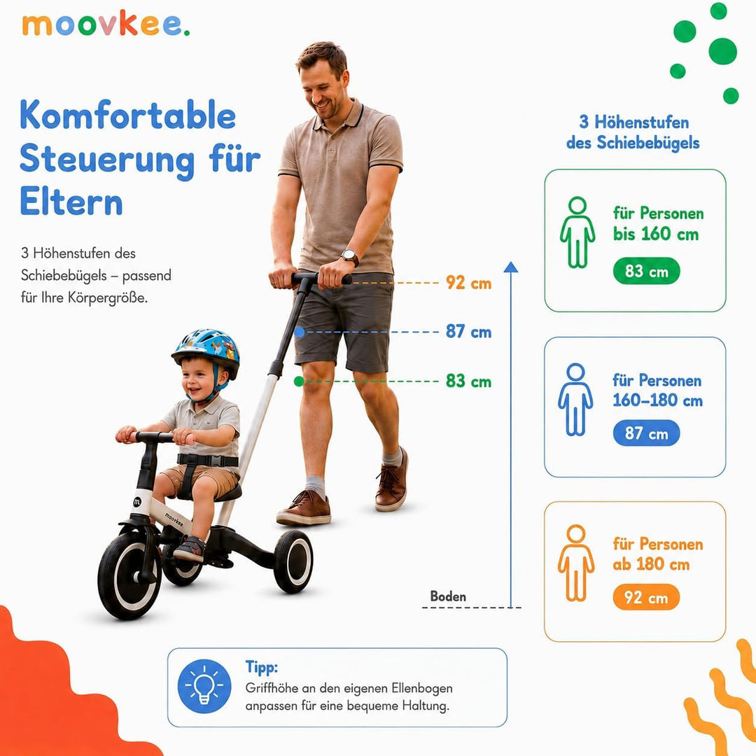 6in1 Dreirad ab 1 Jahr mit Schubstange - Beige Laufrad - Kinderfahrrad Faltbar 1–5 Jahre - Laufräder
