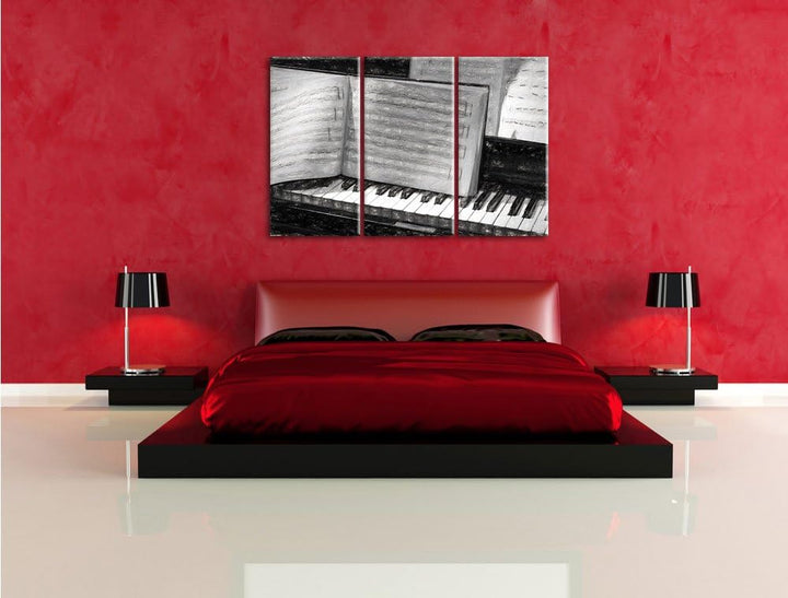 Pixxprint Klavier und Notenblätter als Leinwandbild | Grösse: 3 Teilig (120x80) | Wandbild| Kunstdru