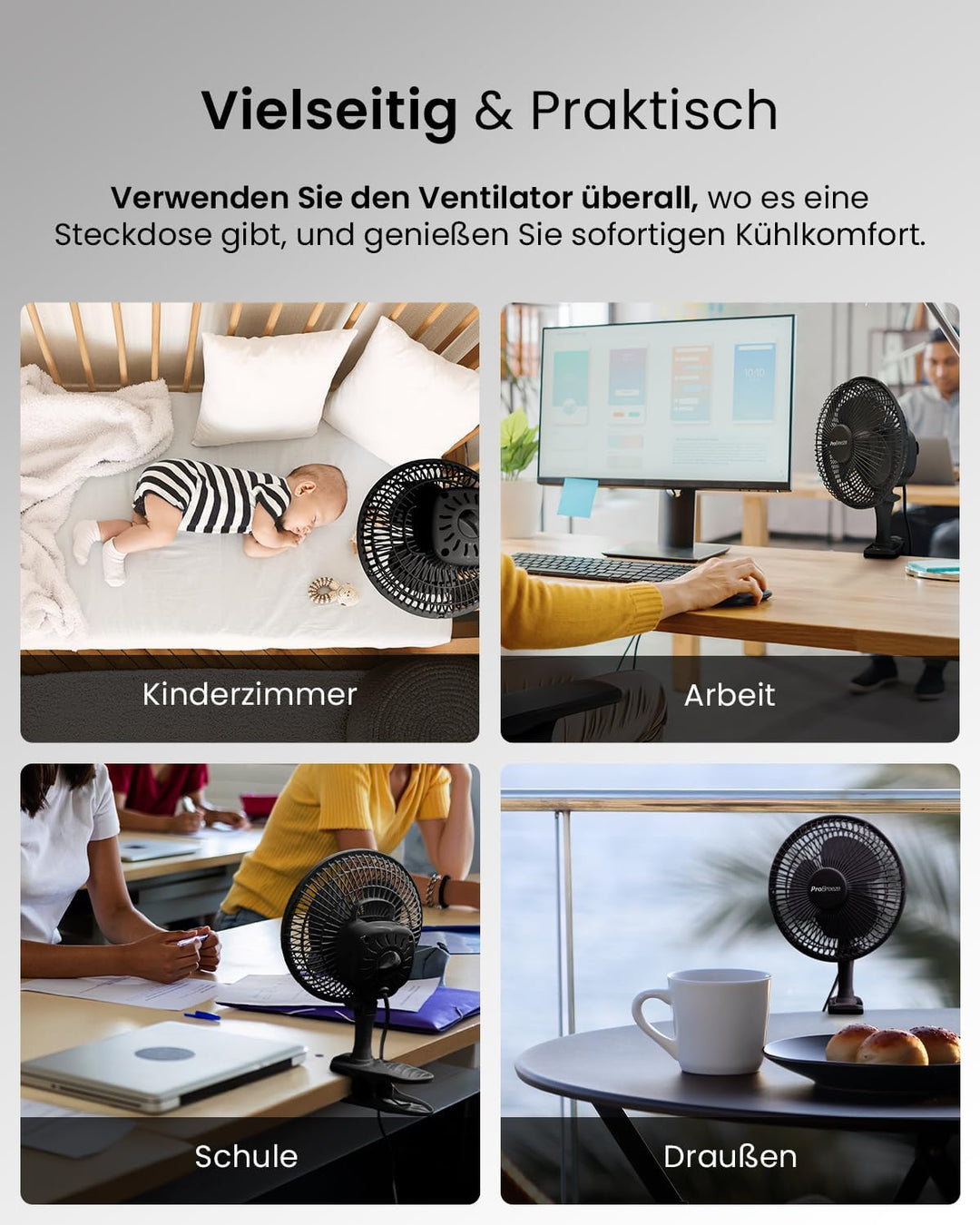 Pro Breeze Mini Ventilator mit Clip - 20 cm Durchmesser, 2 Geschwindigkeitsstufen, starke + stabile