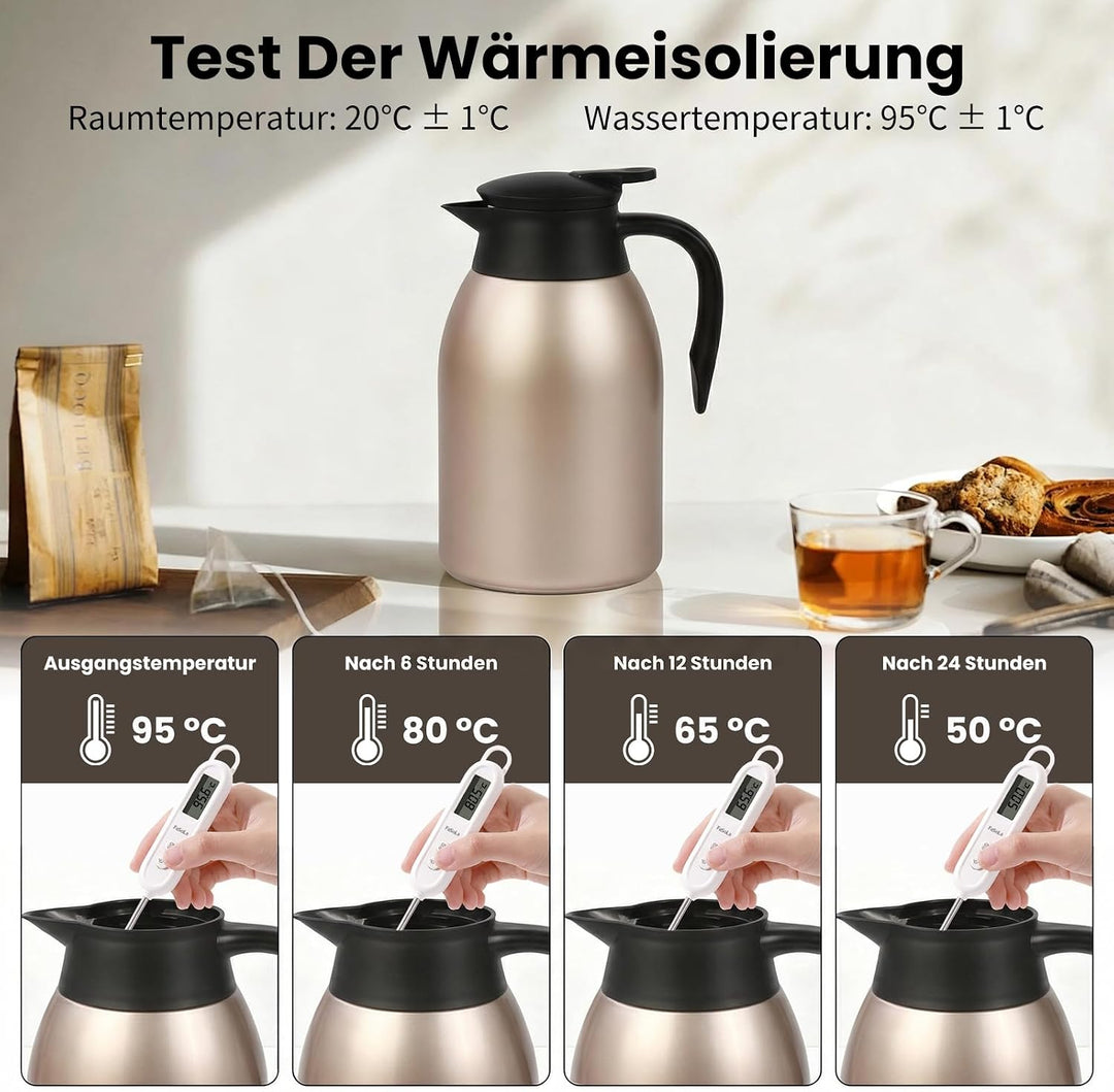 Thermoskanne 2L, Doppelwandige 316 Edelstahl Kaffeekanne, Vakuum Isolierkanne 24h Warmhalten, Für Ka
