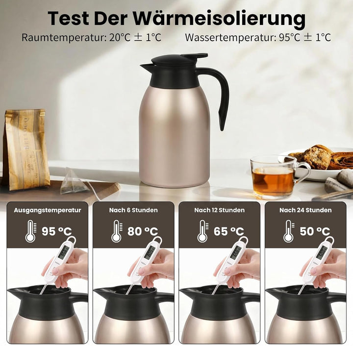 Thermoskanne 2L, Doppelwandige 316 Edelstahl Kaffeekanne, Vakuum Isolierkanne 24h Warmhalten, Für Ka