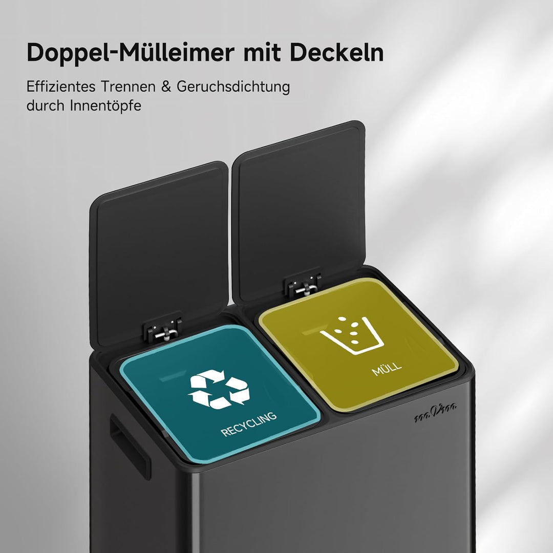 mVm Mülleimer Küche,60 Liter Treteimer,2 x 30 Liter Treteimer, 2 Fächer, Mülltrennsystem, Abfalleime