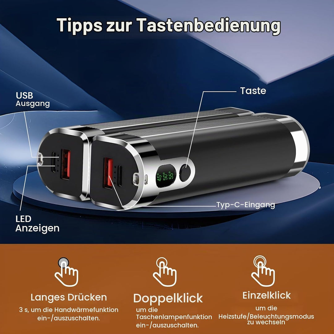 Handwärmer Wiederaufladbar 2 er,10000mAh Tragbarer Taschenwärmer,3 in1USB Batteriebetriebener Elektr