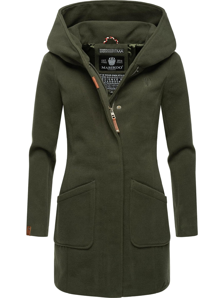 MARIKOO Damen Wollmantel Warmer Trenchcoat mit Kapuze Maikoo XS-5XL L Olive, L Olive