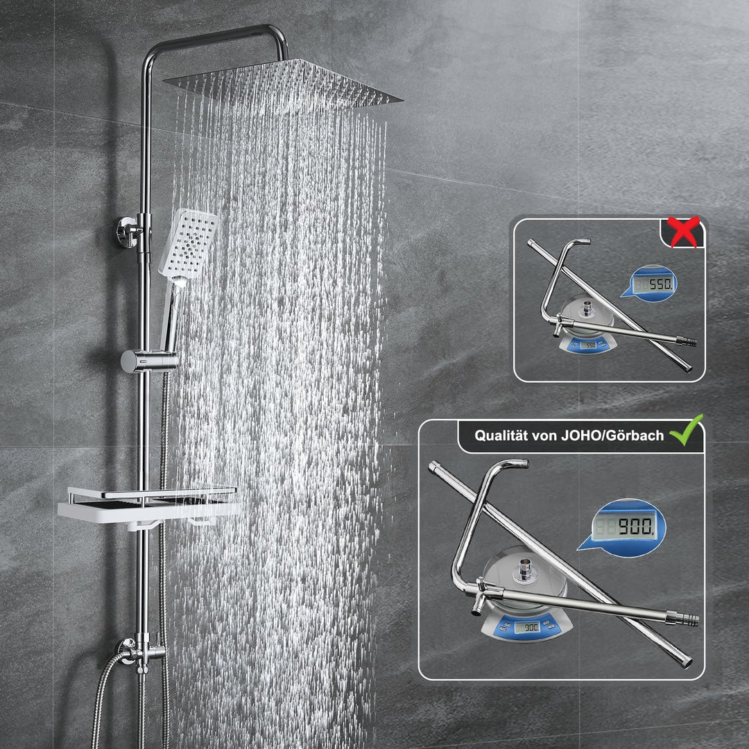 JOHO Regen Dusche Rainshower Überkopfbrauseset Regendusche Duschset Duschsystem mit Ablage Chrom(Kop