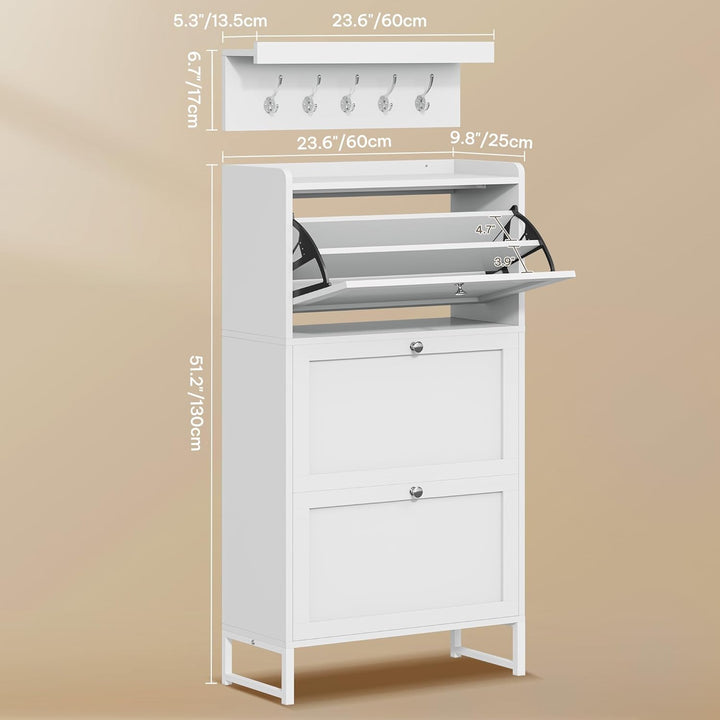 YITAHOME Schuhkipper Schmal Weiss mit Garderobe 5 Haken und 3 Klapptüren, Verstellbares Regal Schuhs