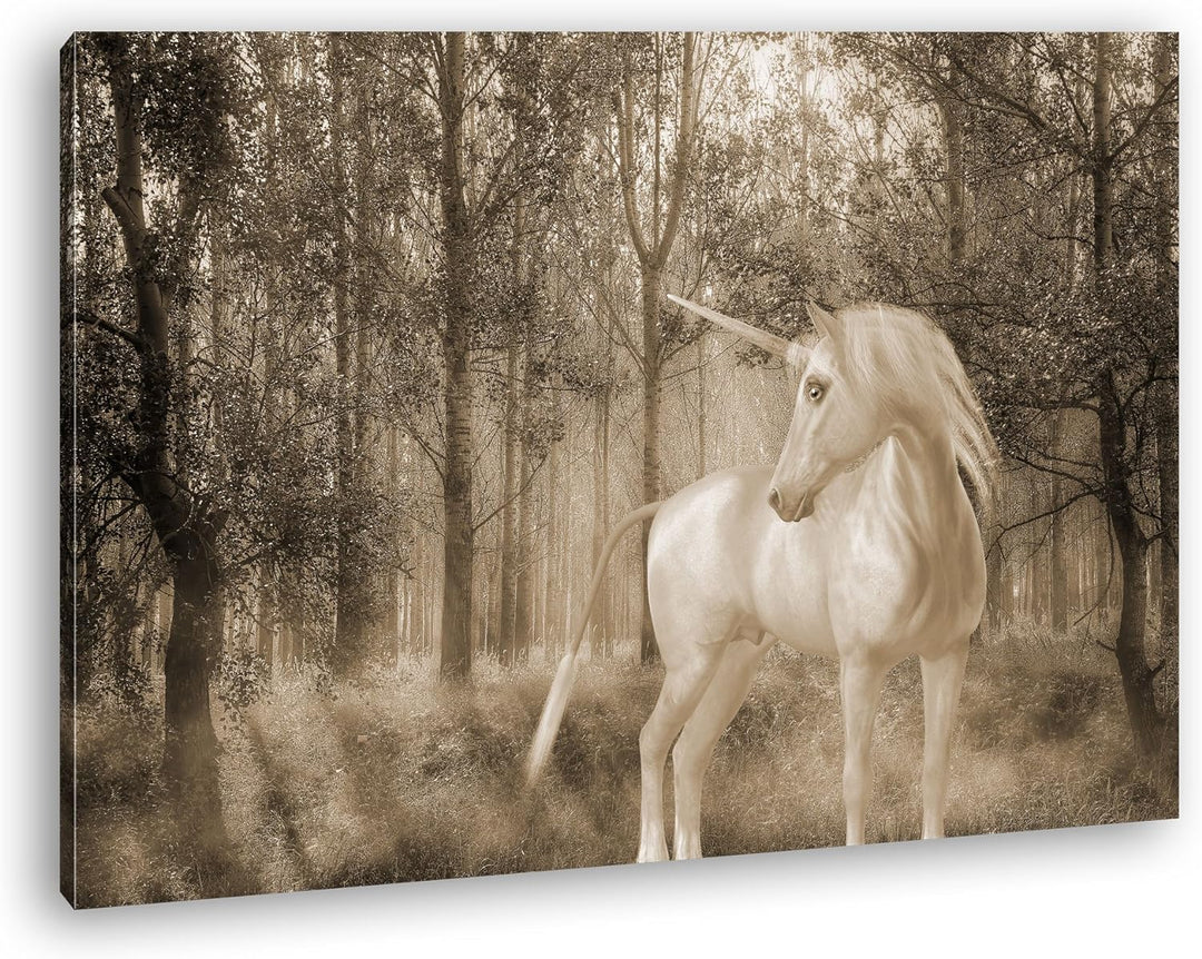 deyoli edles Einhorn im Wald Format: 80x60 Effekt: Sepia als Leinwand, Motiv fertig gerahmt auf Echt