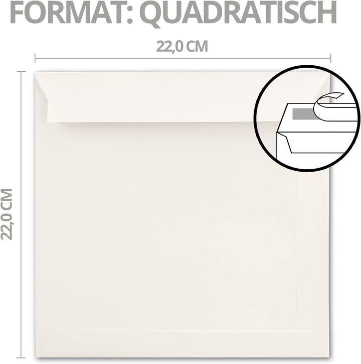 NEUSER PAPIER 50 quadratische Briefumschläge 22 x 22 cm - Creme - 120 Gramm pro m² - Für ganz besond