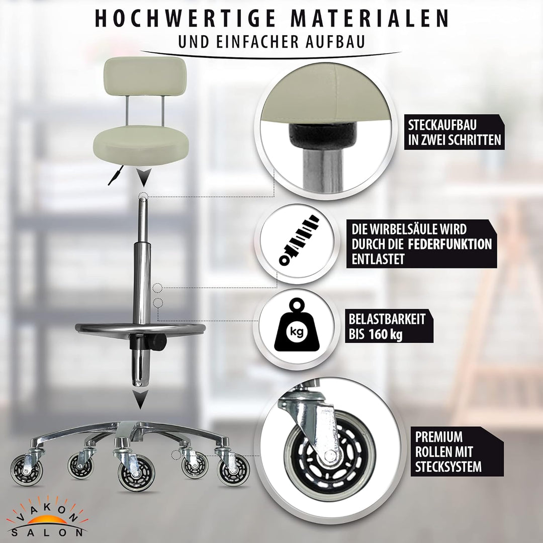 Premium Rollhocker in Weiss mit Lehne und Fussring - Höhenverstellbar 55-75 cm - Rundsitz Drehhocker