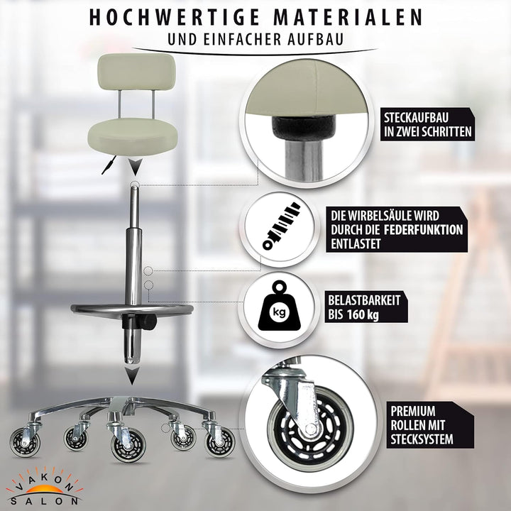 Premium Rollhocker in Weiss mit Lehne und Fussring - Höhenverstellbar 55-75 cm - Rundsitz Drehhocker