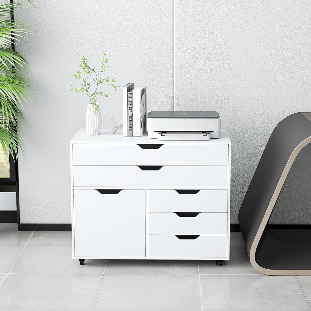 KOMFOTTEU Aktenschrank mit Rollen, Bürocontainer mit 5 Schubladen & 1 Schrank, Rollcontainer Schubla
