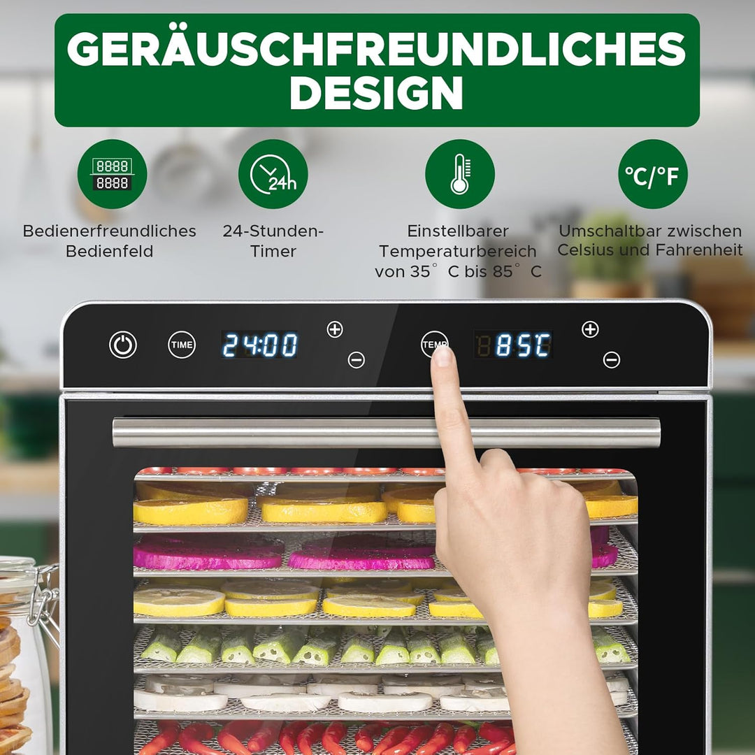Kwasyo Dörrautomat Edelstahl DA 800, 8 Edelstahl-Dörrtabletts, LED-Display, 24 Std. Zeitschaltuhr,Te