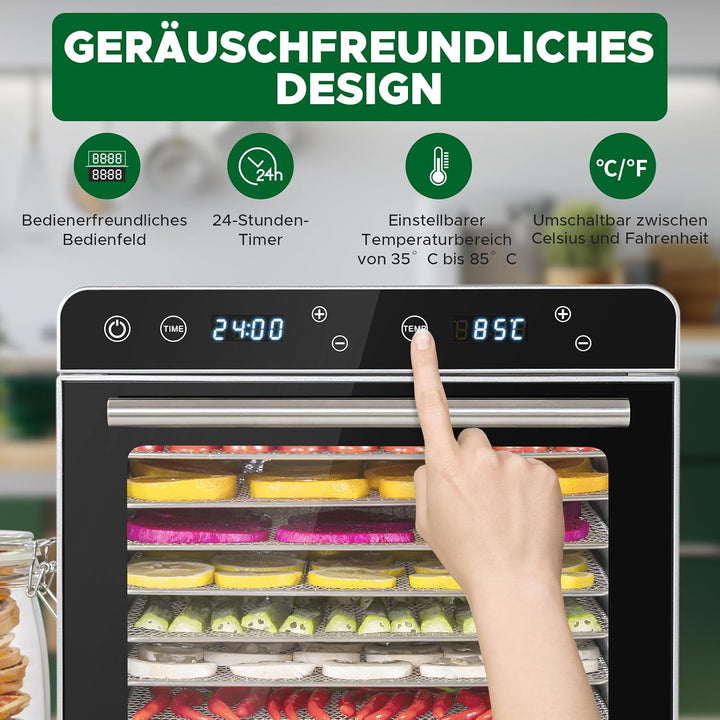 Kwasyo Dörrautomat Edelstahl DA 800, 8 Edelstahl-Dörrtabletts, LED-Display, 24 Std. Zeitschaltuhr,Te