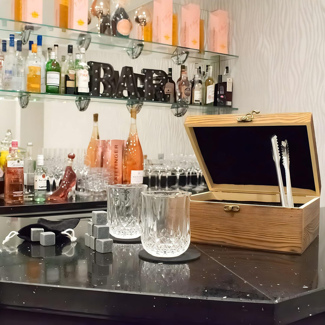 TRIXES Grosse Whiskey-Gläser-Geschenkbox – Whiskey-Gläser, Steine, Untersetzer und Zangen-Set – Gesc