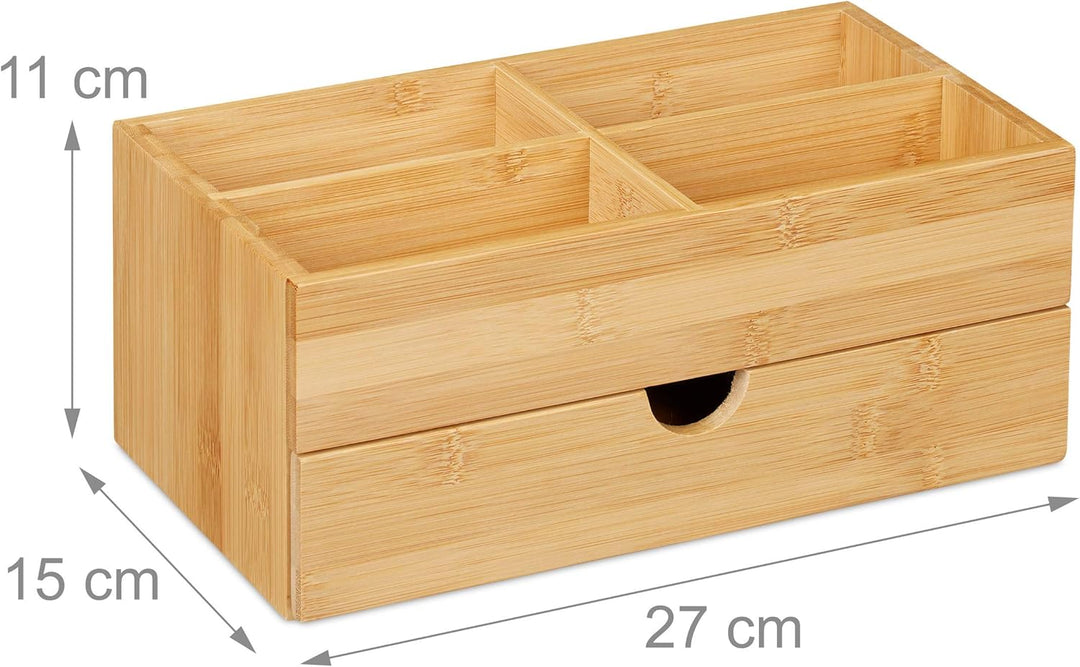 Relaxdays Bambus Kosmetik Organizer, multifunktional, 4 Fächer & Schublade, Schmuckkästchen, Ordnung