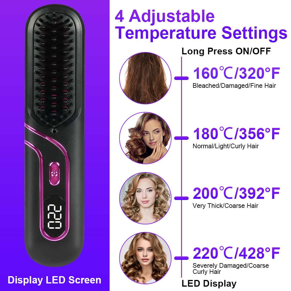 LOPHE Mini Haarglätterbürste, Glättbürste Kabellos, Hair Straightener Comb mit LCD-Bildschirm 4-Stuf
