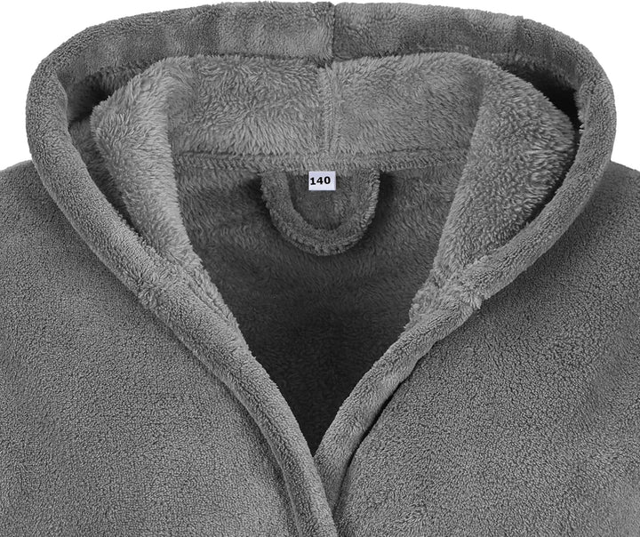 HDmirrorR Kinderbademantel Kuschel Soft Fleece mit Kaputze & Taschen Jungen, Mädchen (140, Grau) Mic