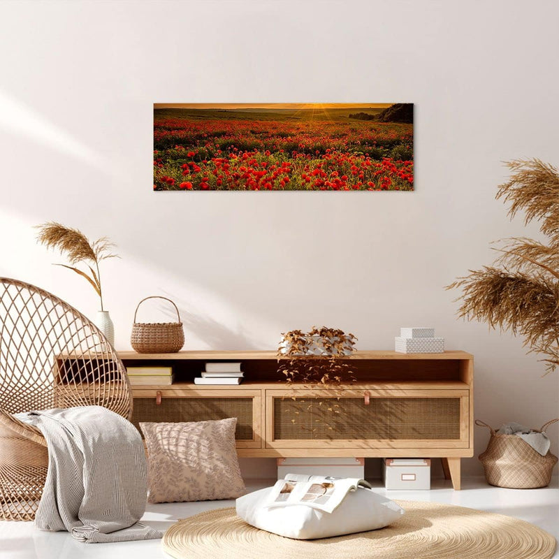 Panorama Bilder auf Leinwand Mohn Blume Wiese Leinwandbild mit Rahmen 90x30cm Wandbilder Dekoration