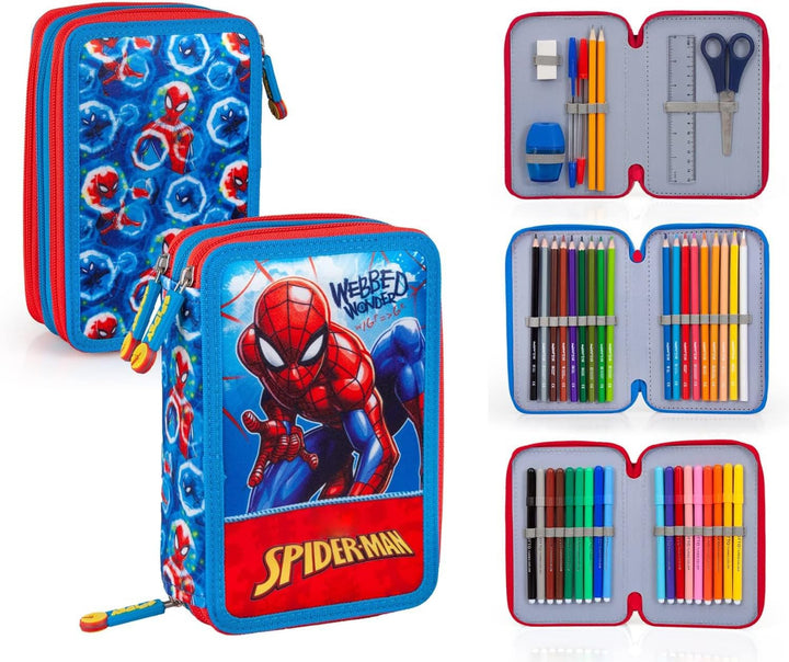 L'ERBAVOGLIO Federmäppchen für Schule, 3 Reissverschluss, komplett mit 44 Stück, Spiderman (rot/hell