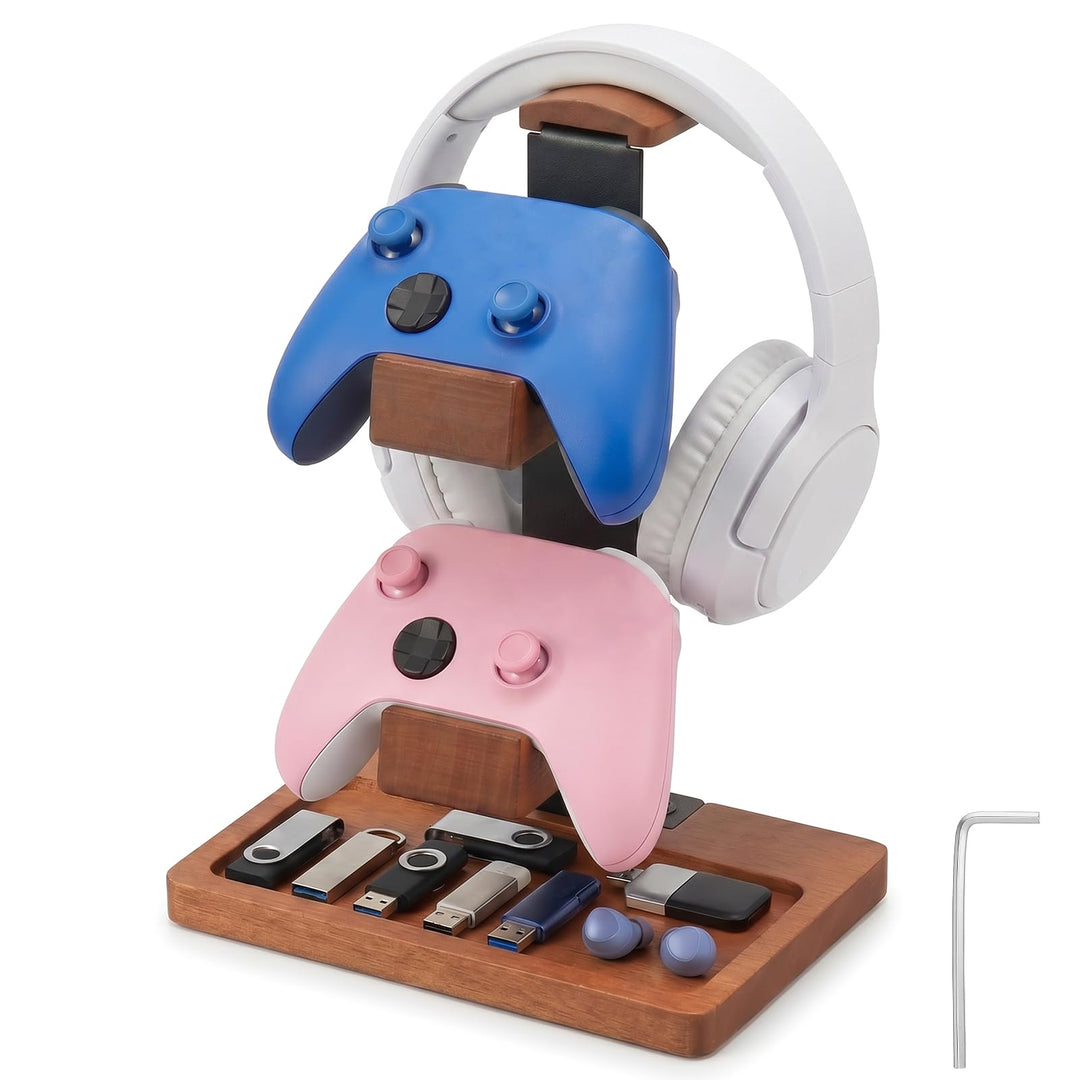 Controller Halter und Headset Ständer Holz, 3-Ebenen Gaming Controller Ständer mit Ablageschale, Mas