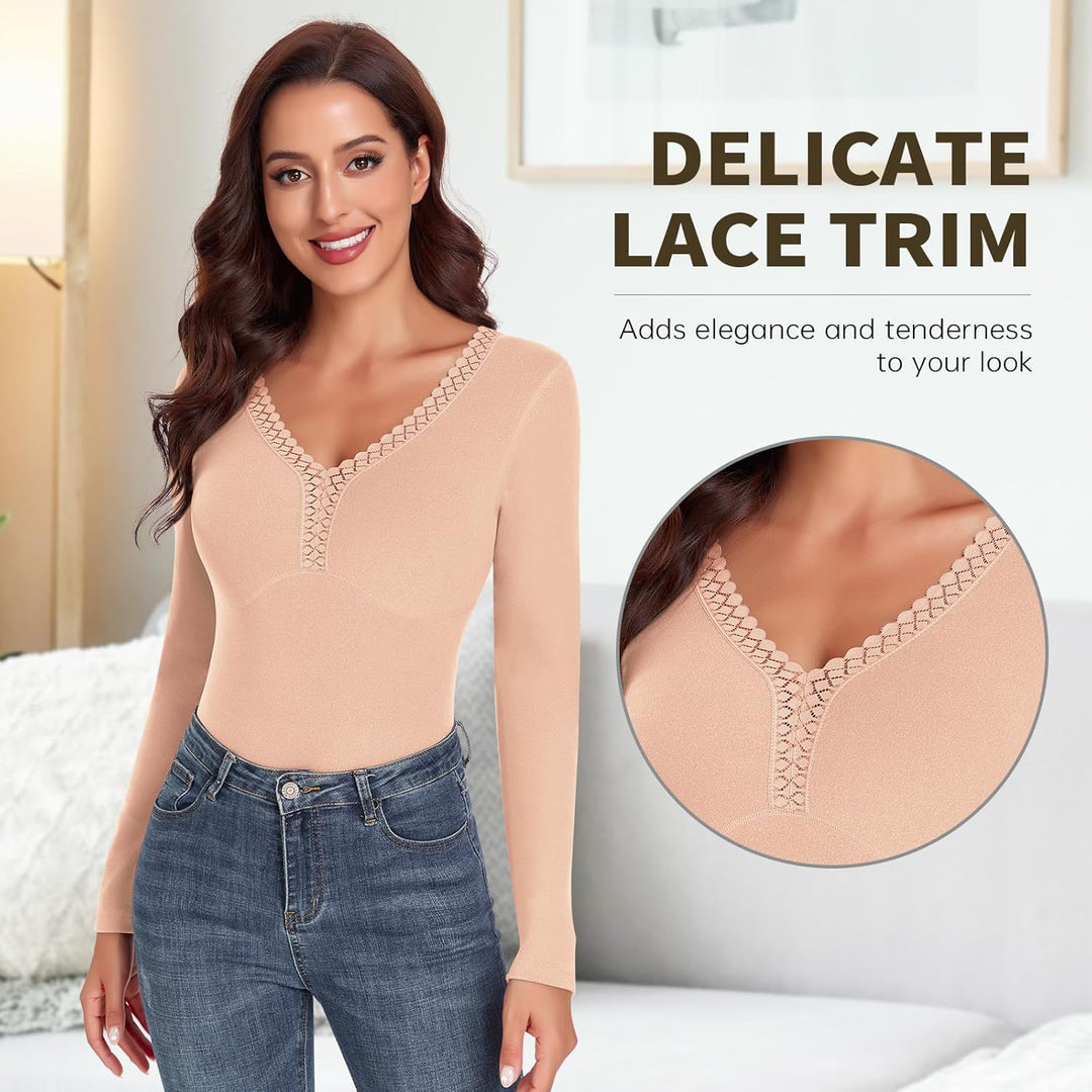 WOWENY Thermo Trägershirt Langarmshirt Damen Tank Top mit Spitze Ärmellose/Langarm Elegant Top Unter