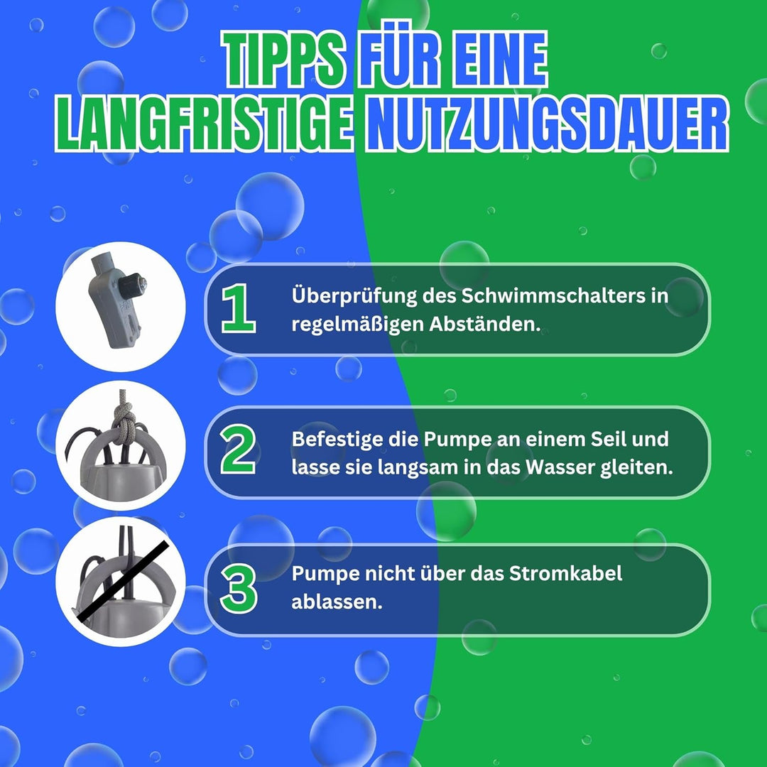 Tauchpumpe flachsaugend bis 1mm 250 Watt Flachsaugpumpe mit integriertem Schwimmer und Überhitzungss