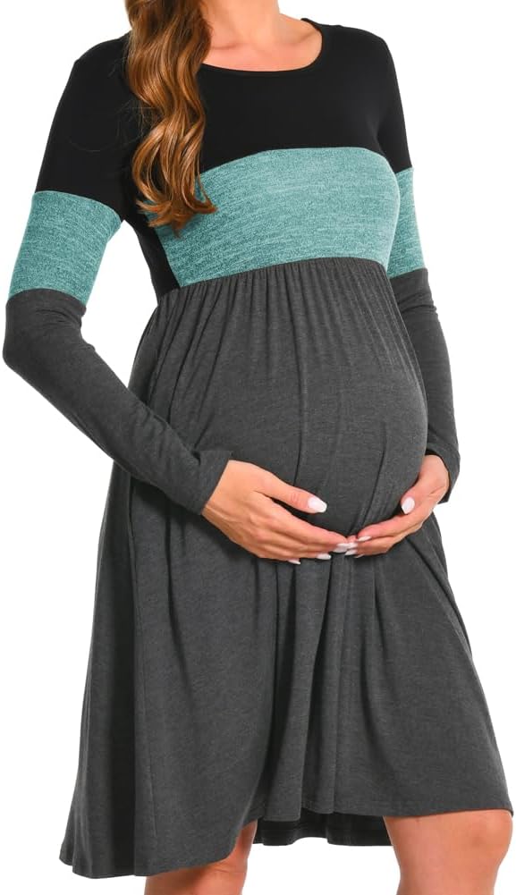 Bearsland Women’s Long Sleeve Maternity Dresses Patchwork Pregnancy Dress with Pocket S Grün, S Grün