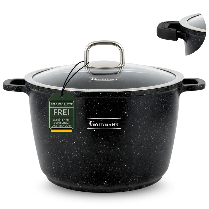 GOLDMANN 28 CM - 10L - Aluguss-Kochtopf/Suppentopf mit Glasdeckel und Silikongriffen, Marmor-Keramik