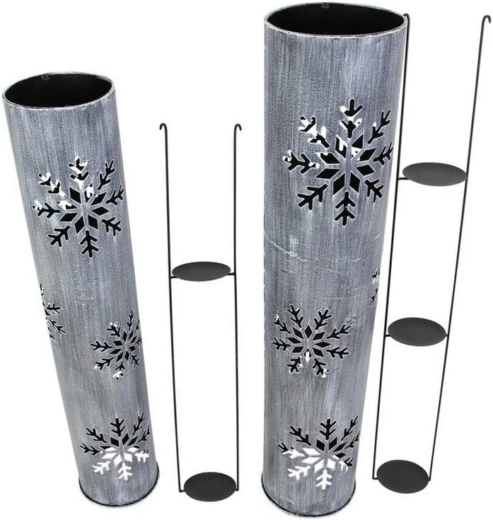2 Stück Windlichtsäulen Schneeflocke aus Metall, 88 + 100 cm hoch, Kerzenhalter, Gartenlaterne, Bode